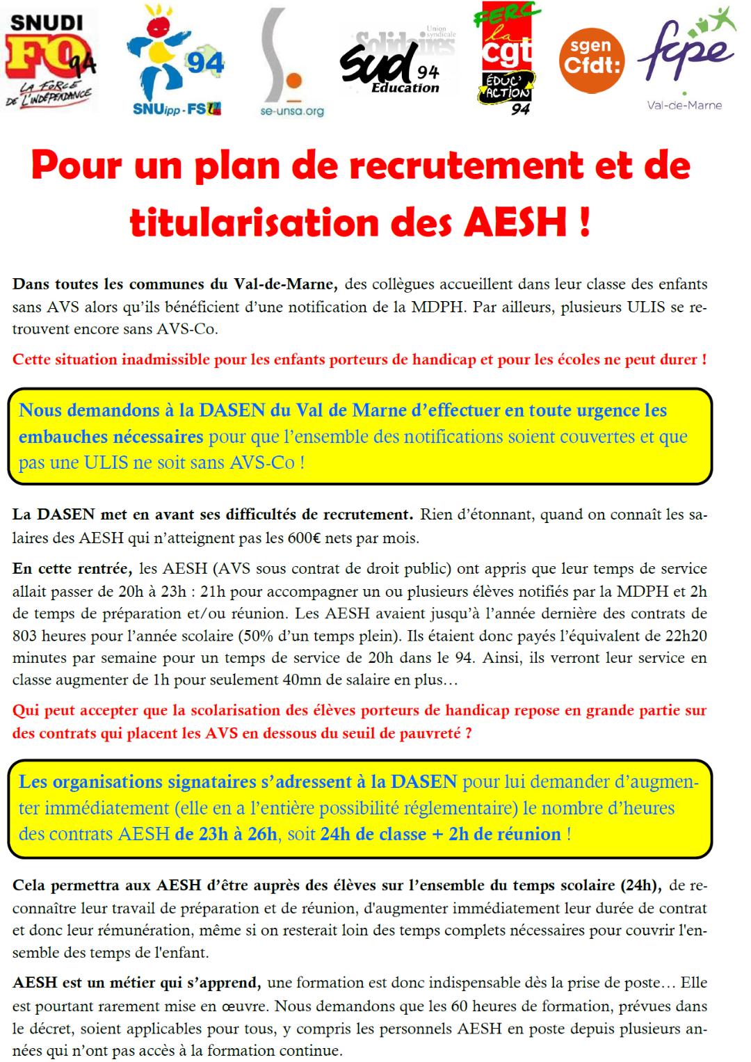 Pour Un Plan De Recrutement Et De Titularisation Des Aesh Petition Intersyndicale 94 Snudi Fo 94